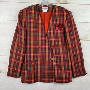 John Meyer of Norwich Womens Blazer Sz 12 Red Plaid Double-Breasted Shoulder Pad